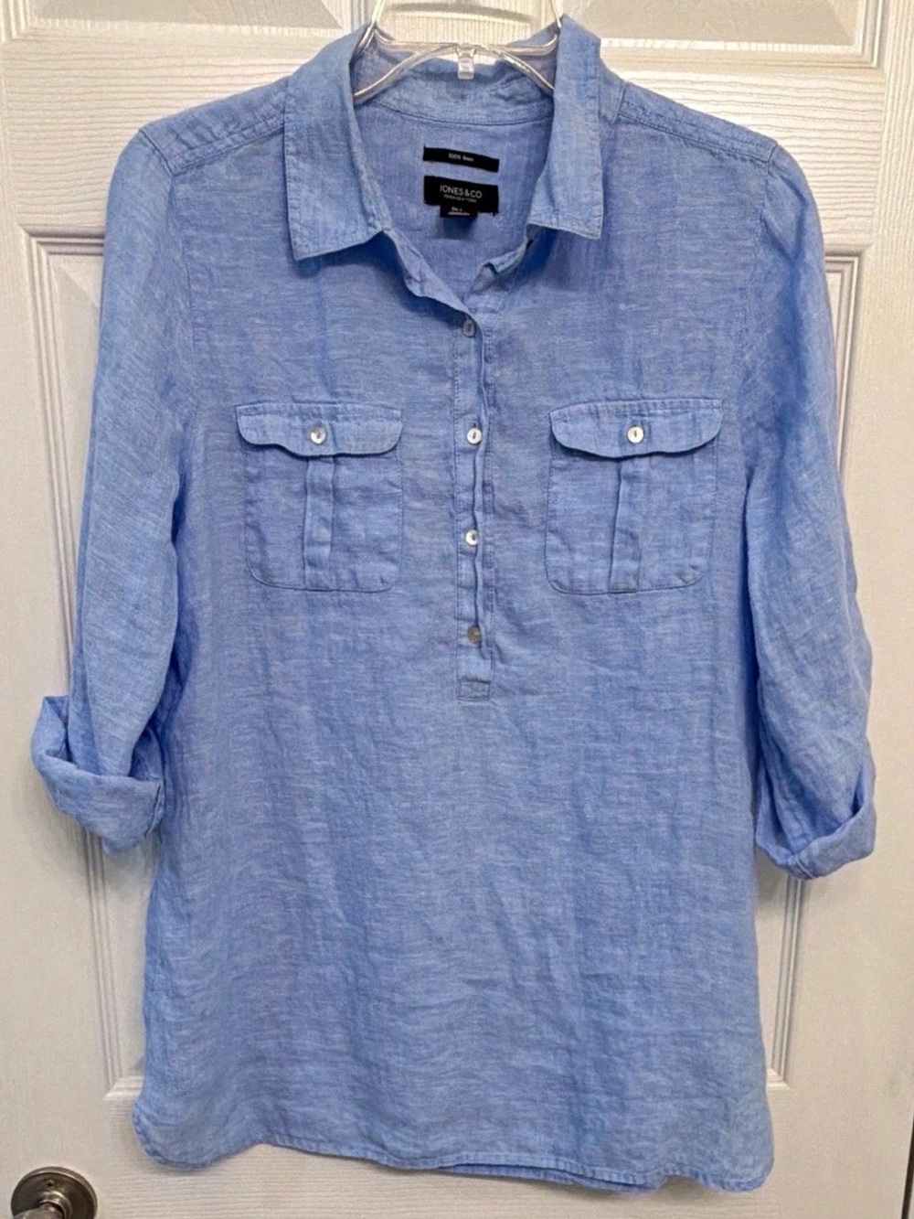 Women’s Jones & Co Large L Blue Linen Collared Long Sleeve Button Blouse